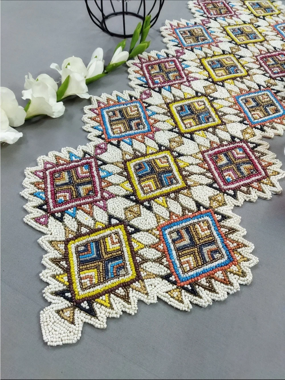 World Market Hand Beaded Geometric Table Runner Multicolor 13x36 Boho Global NWT